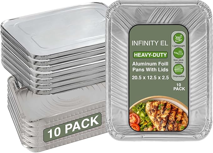 INFINITY EL Disposable Aluminum Foil Pan with Lids 10 Pack | Full Size Steam Shallow 20.5" x 12.5" x 2" Heavy Duty Aluminum Pan with Lids | Disposable Baking Pan for Roasting Turkey, Lasagna, Parties