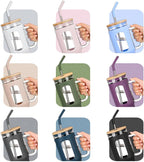 Glass Tumbler with Lid and Straw, 46 oz Iced Coffee Cup with Handle, Glass Water Bottles with Silicone Sleeve, BPA Free-Purple