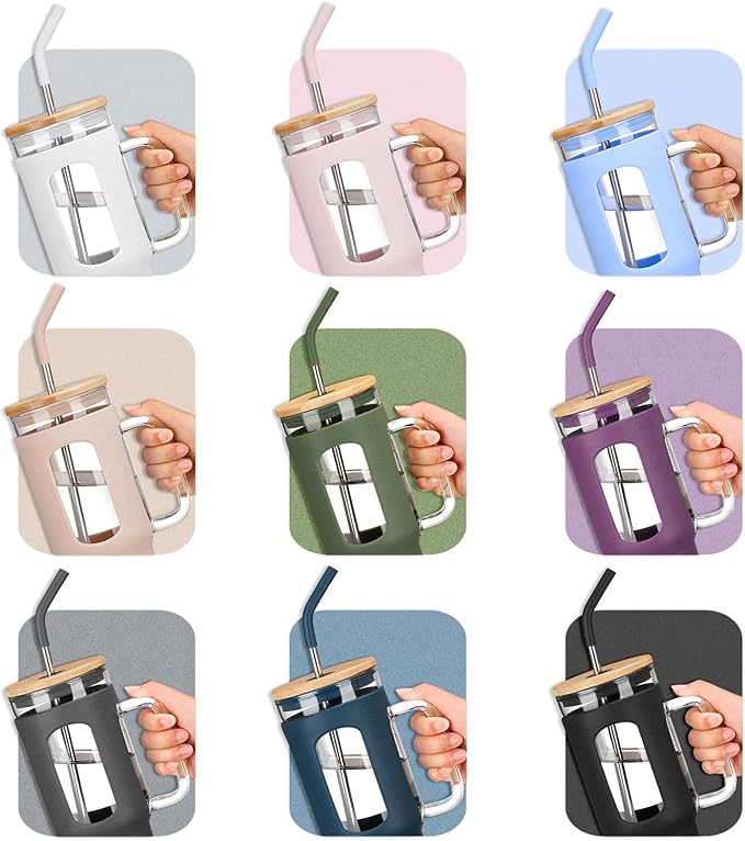 Glass Tumbler with Lid and Straw, 46 oz Iced Coffee Cup with Handle, Glass Water Bottles with Silicone Sleeve, BPA Free-Purple