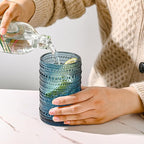 Vintage Glassware Drinking Glasses Set of 6,15 oz Hobnail Glass Cups,Embossed Blue Water Tumbler,for Beer,Cocktail,Whiskey,Juice and Various Mixed Drinks- 1 Cleaning Brush