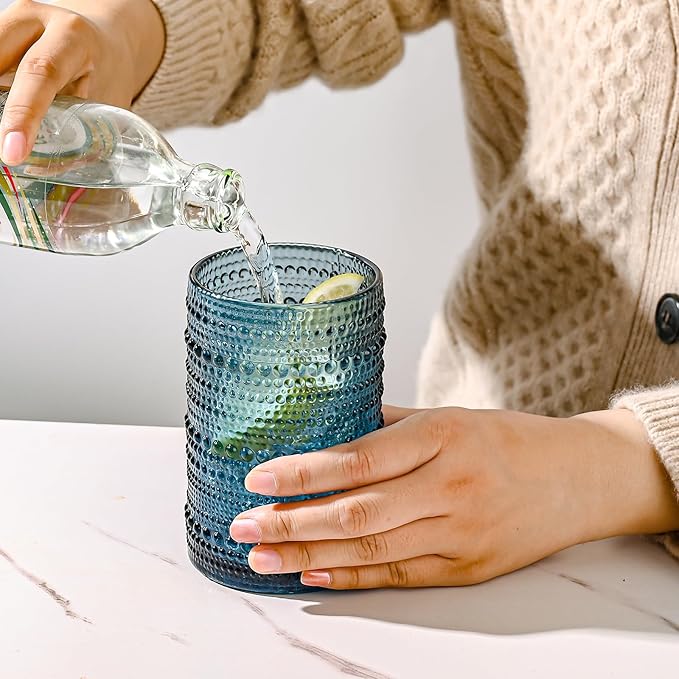 Vintage Glassware Drinking Glasses Set of 6,15 oz Hobnail Glass Cups,Embossed Blue Water Tumbler,for Beer,Cocktail,Whiskey,Juice and Various Mixed Drinks- 1 Cleaning Brush