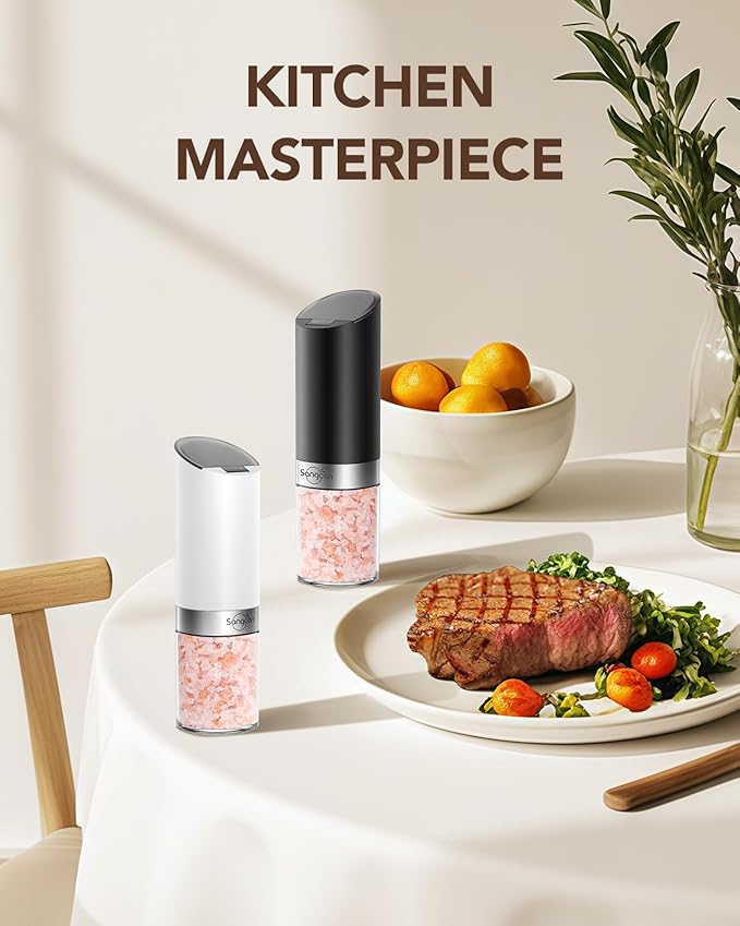Sangcon Gravity Electric Salt and Pepper Grinder Set with Dust Cover, Battery Operated(4 AAA), Large Capacity, Adjustable Coarseness, One Hand Automatic Salt and Pepper Shakers Set Mill with LED Light