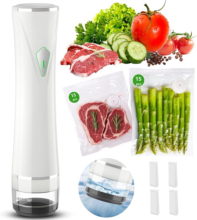 Vacuum Sealer Set (Vacuum Sealer Machine + 30 Reusable Vacuum Bags) Handheld Vacuum Sealer for Food, Portable Vacuum Sealer Machine with Auto-Stop & Detachable Filter, 5X Freshness Lock