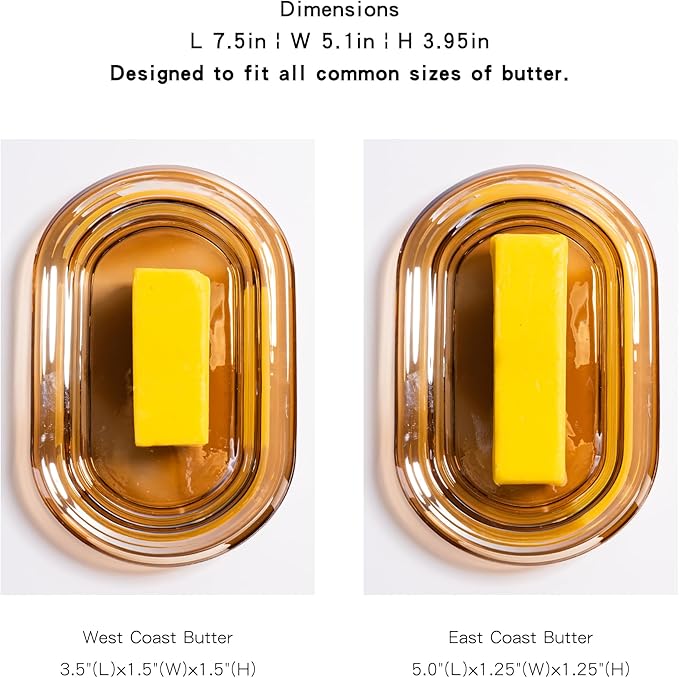 Champagne Color Glass Butter Dish with Lid, Covered Butter Stick Holder Tray, Large Crystal Glass Butter Storage Container for Kitchen Countertop