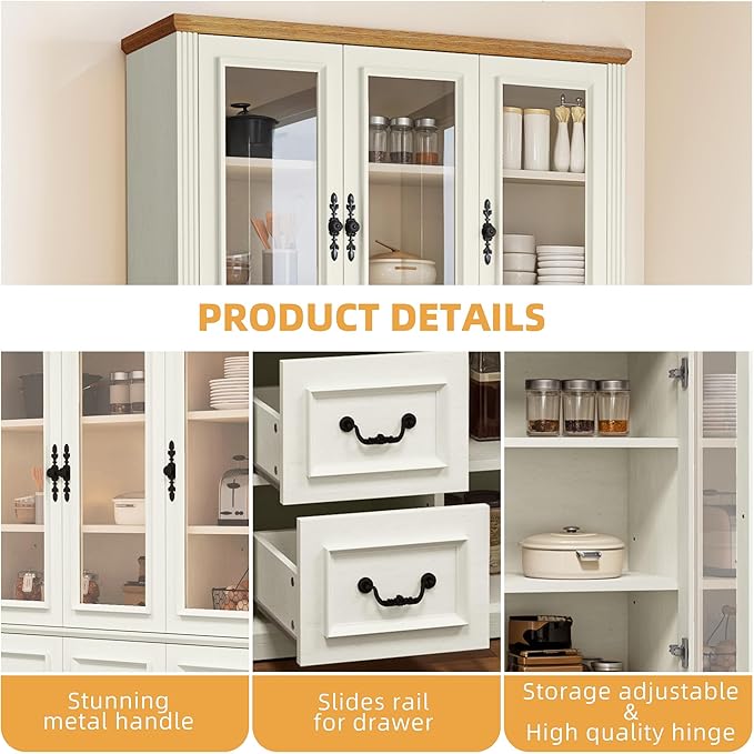DWVO Large Storage Cabinet, 72" Tall Kitchen Pantry with Glass Doors, Freestanding Glass Display Cabinets with Adjustable Shelves & Drawers, Food China Hutch for Dining Room, Living Room, White