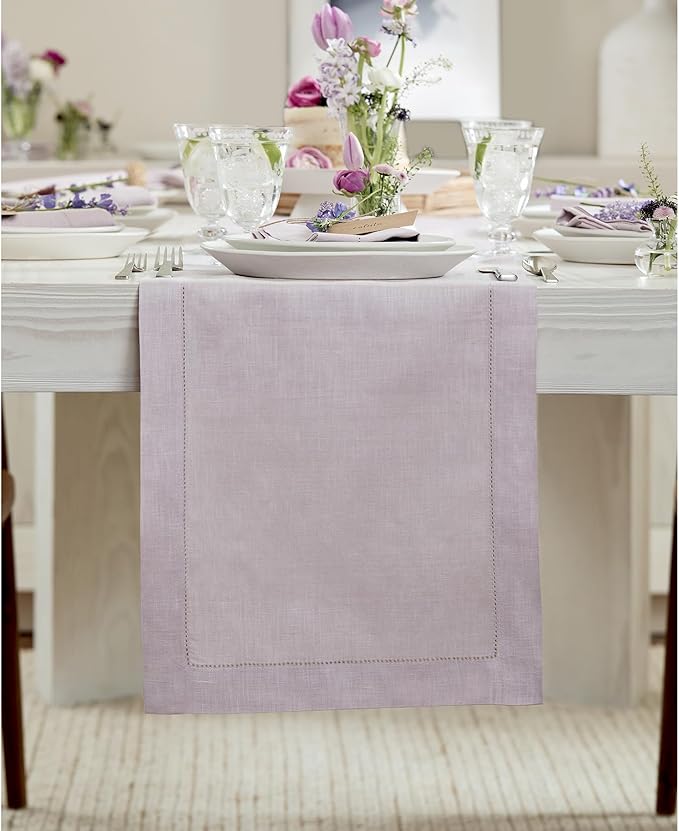 Solino Home Linen Table Runner 60 Inches - 100% Pure Linen Lilac Hemstitch Table Runner 14 x 60 Inch Ideal for Dresser and Coffee Tables - Summer - Classic Hemstitch