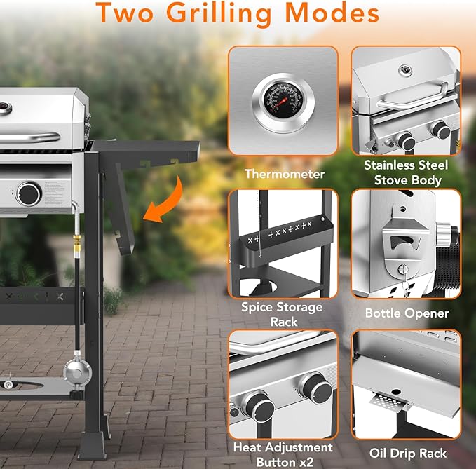 Propane Gas BBQ Grill 2-Burner Barbecue Grills with Cast Iron Frying Pan and Grates Combo, 16000 BTU Output Stainless Steel Grill for Outdoor Cooking, Patio, Backyard Party