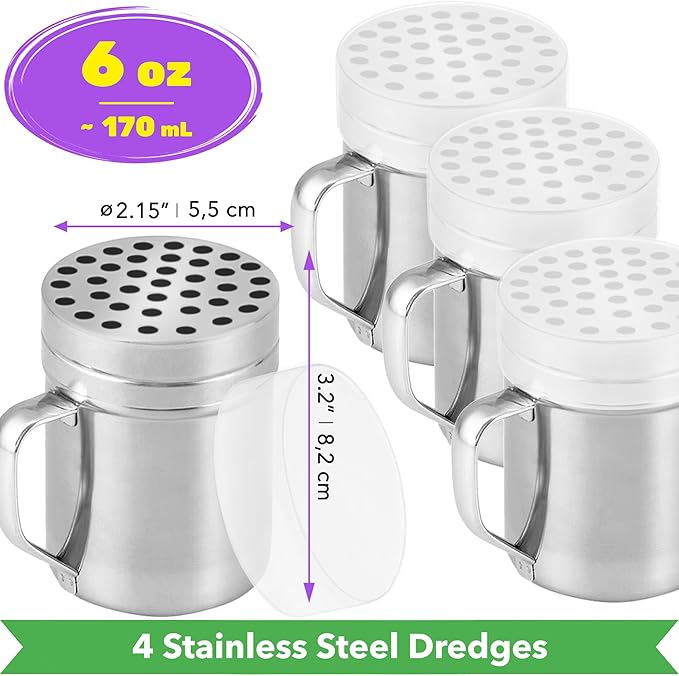 CUSINIUM 6oz Metal Parmesan Cheese Shakers with Large Holes - With Handle - Chili Flakes Dispensers - Pizza Shakers - Pack of 4 | Style: Coarse