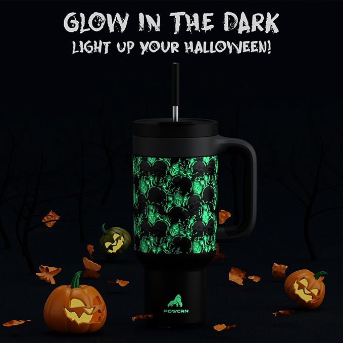 40 oz Halloween Tumbler with Handle, Glow-in-the-Dark, 2-in-1 Straw Lid, Leakproof, Insulated Stainless Steel Travel Coffee Mug, Keeps Cold for 34 Hours, Fits in Car Cup Holder (Spooky Skull)