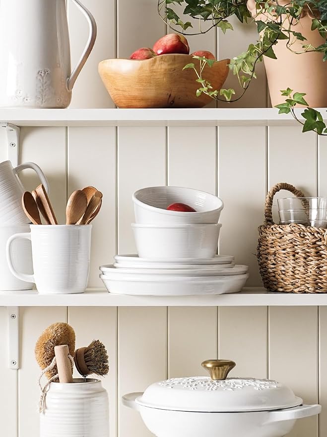 LE TAUCI 16-Piece Ceramic Cups and Plates sets for Kitchen, Service for 4 – White Farmhouse Deeper Plates & Bowls (10" Dinner, 8" Salad, 6" Bowls, 18 oz Mugs), Stackable, Chip Resistant Stoneware