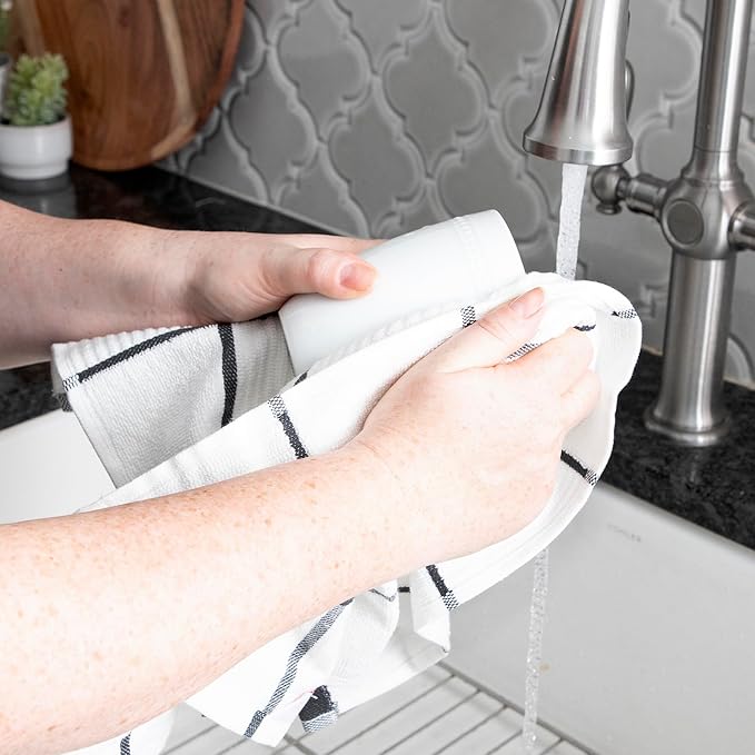 T-fal Solid & Checked Parquet Kitchen Towels: Highly Absorbent, Super Soft Long Lasting - 100% Cotton, 16"x26" Dish Towels for Cleaning & Drying Dishes, Pans, Glassware, Countertops, 6-Pack, Charcoal