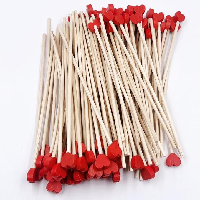 100 Piece 6Inch Rock Candy Sticks with Heart-Shaped Wooden Sticks for Lollipop, Coffee, Appetizer Skewers (Red)