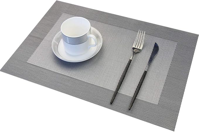 PIGCHCY Placemats Vinyl Washable Table Mats Elegant Non-Slip Placemats for Dinner Table Set of 4 (Silver)