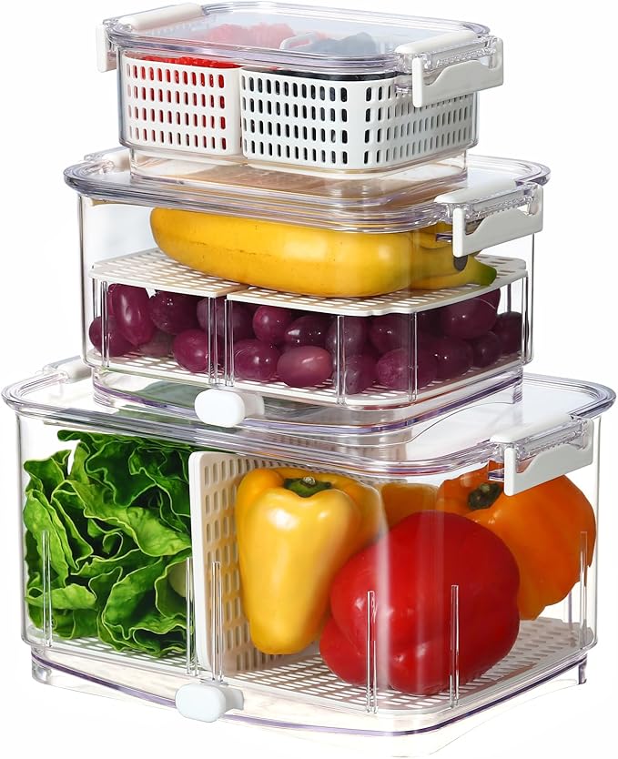 Felli Duo Fresh Produce Saver, ALL IN ONE Fridge Fruit Vegetable Container for Wash & Store with Vent & Drain Trays, Colander Strainer Bin for Refrigerator, Watermelon Berry Storage Keeper, Gifts