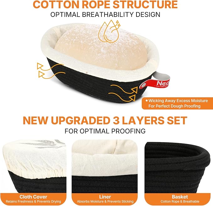 Banneton Bread Proofing Basket Set - 2X Oval Round Sourdough Proofing Baskets - Sourdough Proofing Bowls Bread Baking Supplies With Liner & Cloth Cover - Cotton Rope Banneton Basket for Baking