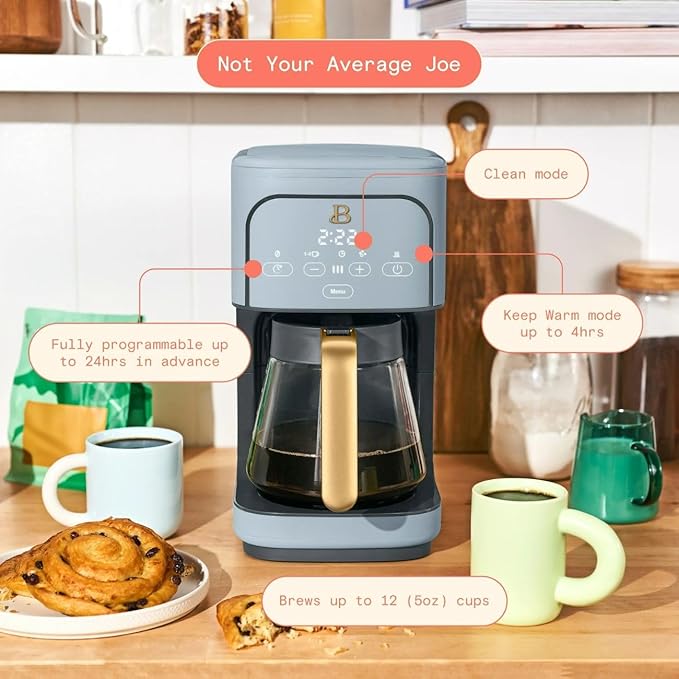 Beautiful 12-Cup Programmable Coffee Maker with Touch-Activated Display, Auto Brew Timer, Reusable Filter & Large Glass Carafe (Cornflower Blue)