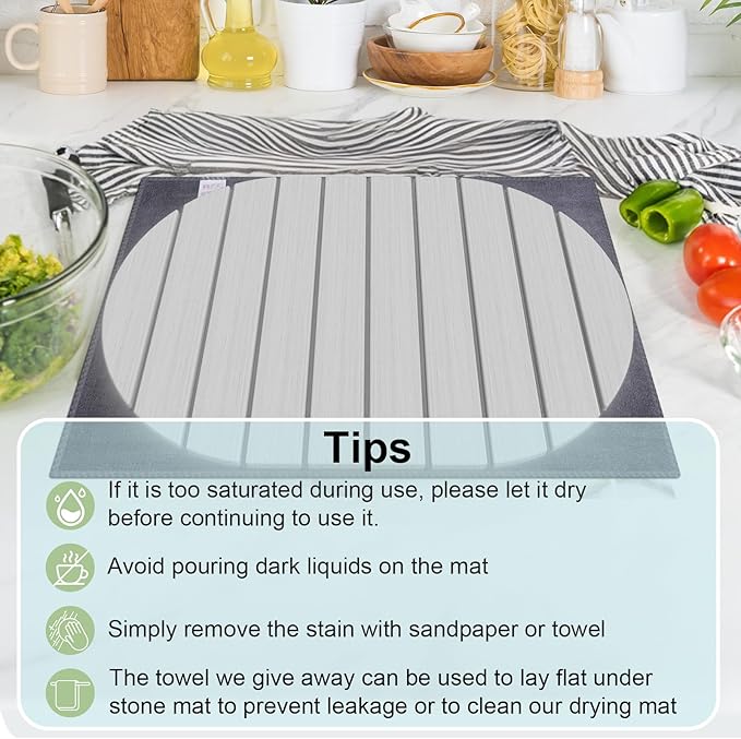 Stone Dish Drying Mat for Kitchen Counter,24"(L)×16"(W) Collapsible Fast-Drying Diatomaceous Earth Mats with Towel Sanding Tool,Versatile Stone Drying Mats for Cups Dishes Bottles