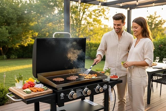 Griller's Choice Gas Griddle with Hinged Hood, Wind Guards, Front Grease Management, 4 Shelves, Propane Griddle for Flattop Grills Outdoor Cooking