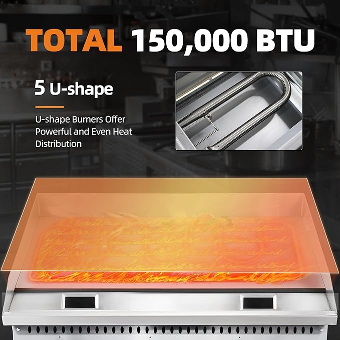 60" Commercial Countertop Griddle, 5 Burners Gas Griddle, 150000 BTU Output, Stainless Steel Flat Top Grill Hot Plate with Natural Gas and Propane Conversion Kit for Restaurant, Food Truck