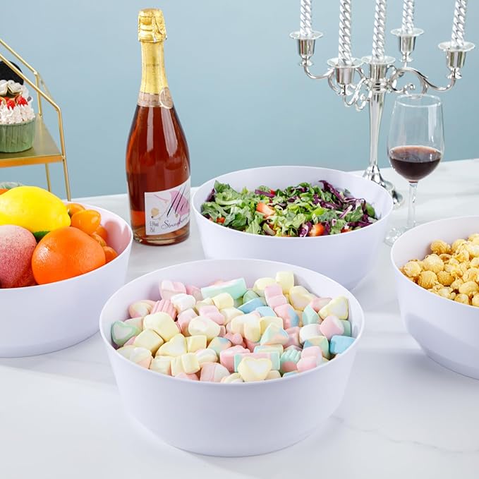 Hioasis 8 Pack Plastic Serving Bowls 128oz White Plastic Bowls Heavy Duty Disposable Serving Bowls for Party Snack & Salad & Candy & Bar Buffet