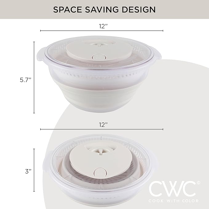 COOK WITH COLOR Collapsible Salad Spinner - 4 QT Space Saving Lettuce Dryer with Folding Collapsible Colander Great for Washing and Drying Fruit and Vegetables (White)
