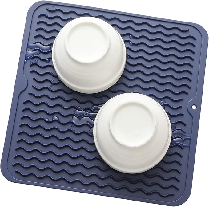 Silicone Dish Drying Mat for Multiple Usage,Easy clean,Eco-friendly,Heat-resistant Silicone Mat for Kitchen Counter or Sink,Refrigerator or Drawer liner Navy Blue M 12 inches x 12 inches