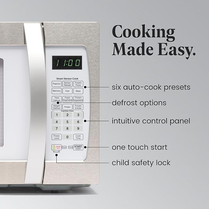 Farberware Countertop Microwave 1100 Watts, 1.3 cu ft - Smart Sensor Microwave Oven With LED Lighting and Child Lock - Perfect for Apartments and Dorms - Easy Clean Retro White, Platinum