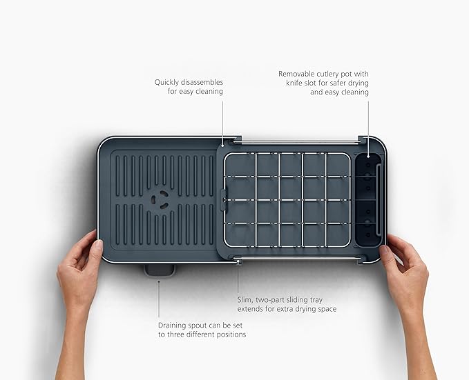 Joseph Joseph Extend Slim Steel Expandable Dish Drying Rack with Removable Cutlery Holder and Swivel Draining Spout, Compact Design, Grey