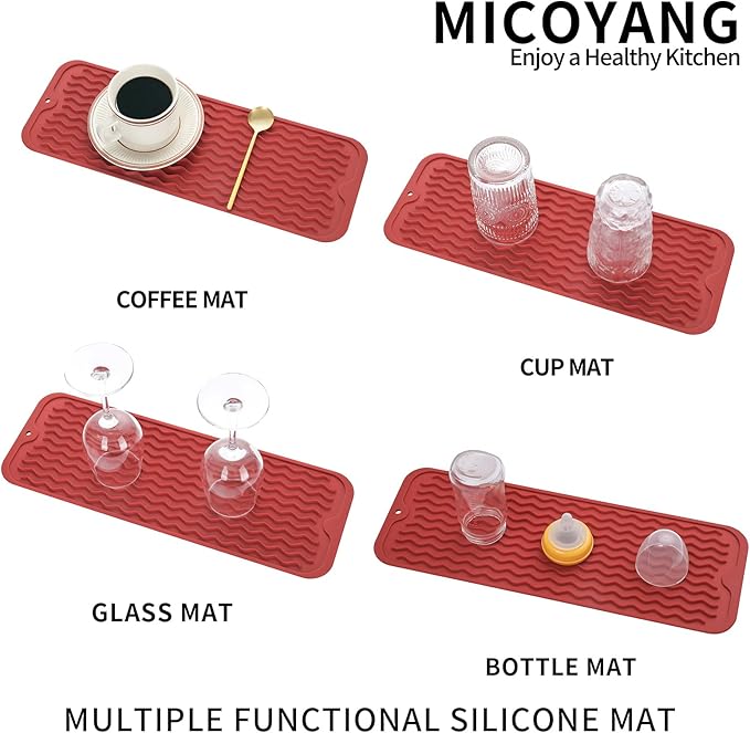Silicone Dish Drying Mat for Multiple Usage,Easy clean,Eco-friendly,Heat-resistant Silicone Mat for Kitchen Counter,Sink,Bar,Bottle,or Cup Red M 17 inches x 6 inches