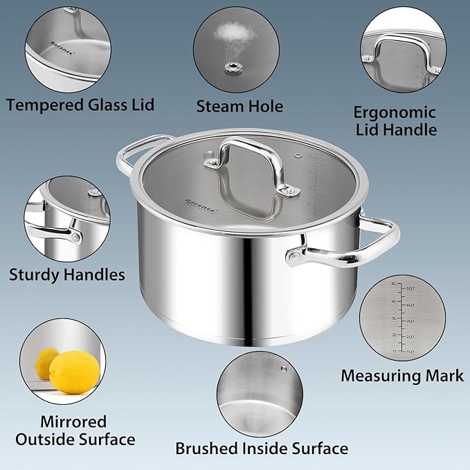 Rorence Stainless Steel Stock Pot, Tri-Ply Base Large Pot Induction Cooking Pot with Lid for All Stoves, Oven & Dishwasher Safe, 6-Quart