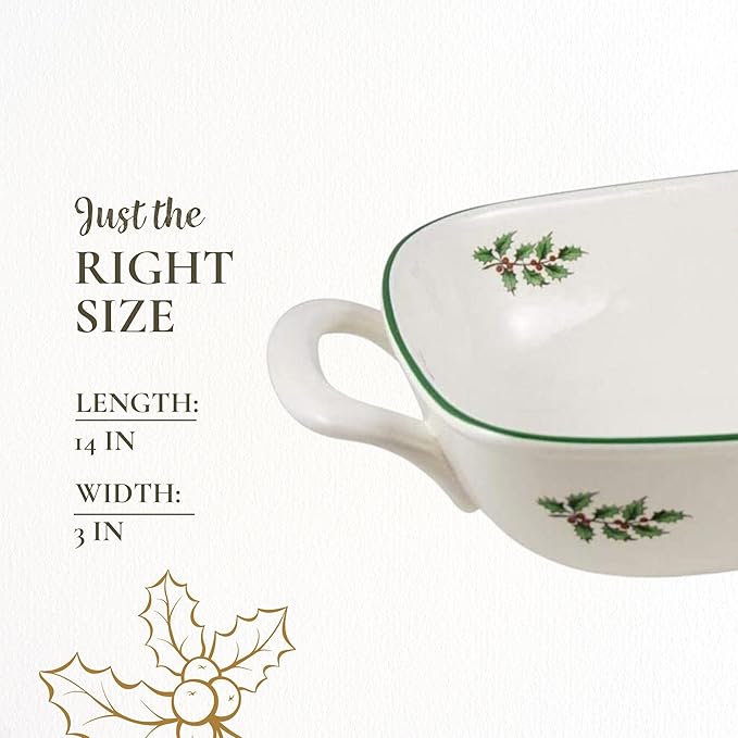 Spode Christmas Tree Oval Breadbasket, 12 Inch Handled Bowl for Fruit, Bread, Cookies - Porcelain Gift, Holiday Serveware & Oven to Table Dish, Dishwasher Safe Tableware