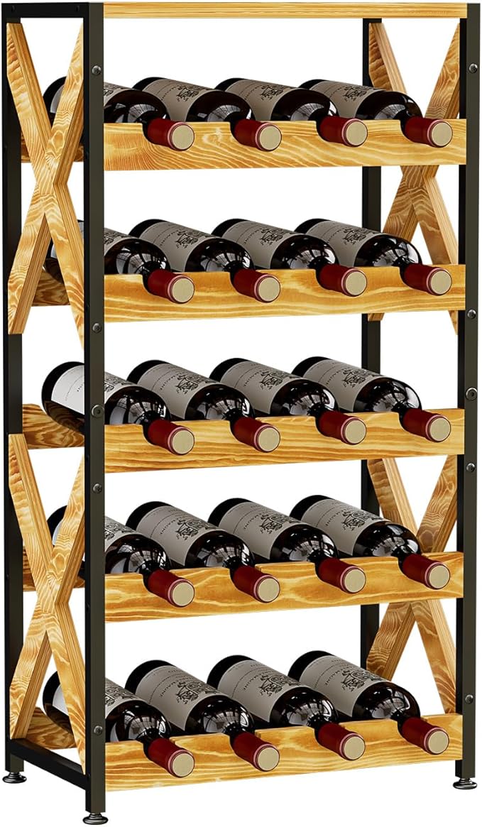 20 Bottle Wine Rack Freestanding Floor with Wood Top,Wobble-Free 5 Tier Wine Display Storage Stand Shelf,Stackable Modular Wine Bottle Holder Rack for Kitchen,Cellar,Living Room
