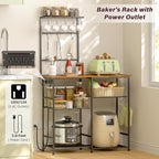 Bakers Rack with Power Outlet, Kitchen Microwave Stand with 10 S-shaped Hooks, 6-Tier Coffee Bar Station, Kitchen Storage Shelf Rack for Spices, Pots, Rustic Brown