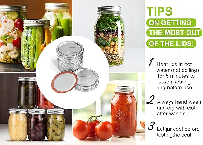 52Pcs Wide Mouth Canning Lids, Rings for Ball & Kerr Mason Jar Lids with Bands - Food Grade with Silicone Airtight Seal Split-Type Metal Large Ball Lids