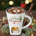 Honeydak Christmas Chocolate Fondue Mug with Fork and 3 Candle Sweet Ceramic Personal Chocolate Melting Cup Ideal Xmas Gifts Birthday Date Night Birthday Wedding Gifts(White,Modern)