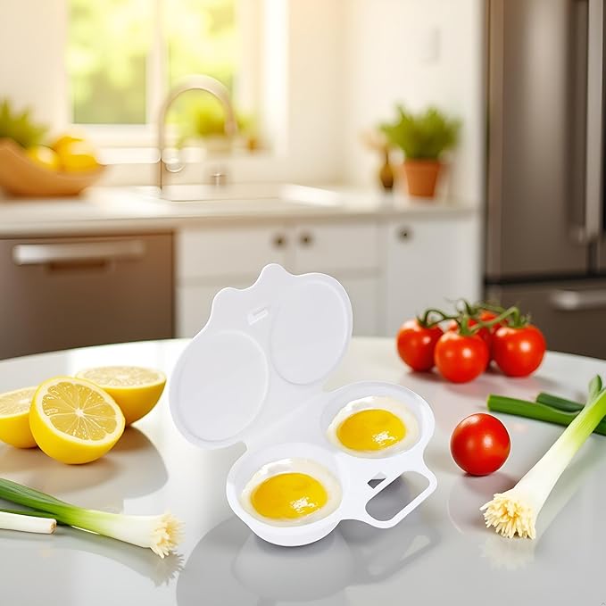 White Egg Poacher, Microwave Boiler Poacher, Poacher, 2 Cavity Nonstick Poached Egg Maker With Lid, Egg Poacher Microwave Egg Cooker, Double Drain Poached Egg Cups, (5 * 1.9in)