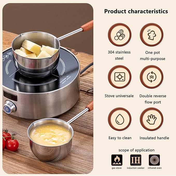 0.4 QT Chocolate melting pot, small pan, sauce pan,stainless steel with pouring port and wooden handle, used for melting chocolate and heating milk,butter warmer