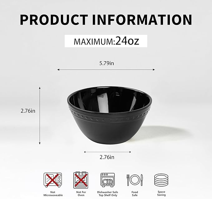 Melamine Beaded Cereal Bowls Set Black, 6 inch, 24oz All purpose/Soup/Salad Bowls Set of 6, Unbreakable Durable, Dishwasher Safe, BPA Free - Perfect for Soups, Salads, Cereal & Entertaining