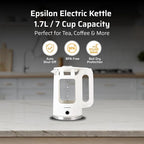 Epsilon 1.7L Glass Electric Kettle – Hot Water Tea Kettle with LED Light, Stainless Steel & Borosilicate Glass, Auto Shut-Off, BPA-Free Electric Teapot, 1500W Fast Boil, Cool Touch