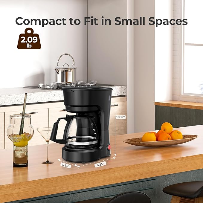 5-Cup Programmable Coffee Maker, Small Drip Coffee Machine with Food-grade Glass Carafe Coffee Pot, Always Keep Warm with Switch, Delay Brew, 25oz Water Reservoir, Compact for Home/Office/RV/Dorm