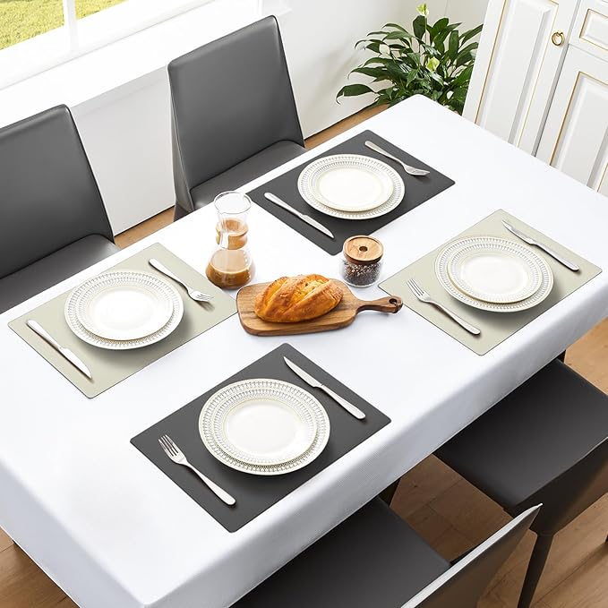 MOSAYT Vinyl Placemats Set of 8, Heat Resistant Place Mats 100% Waterproof Washable & Wipeable Faux Leather Reversible Table Mats for Kitchen Dining Party Indoor Outdoor, 12" x 17", Grey/Beige