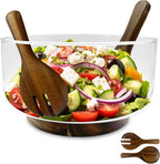 Premium Large Glass Salad Bowl Set with Acacia Wood Base and Serving Utensils - Ideal for Hosting Parties, Host Family Gatherings, and Everyday Use - Elegant, Durable, and Practical Kitchen Essential