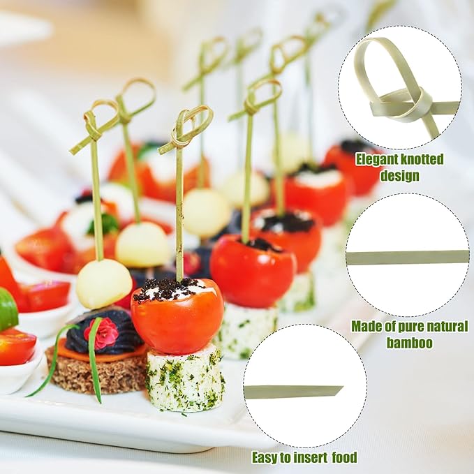 Nuogo 1000 Pcs Bamboo Cocktail Picks 4.13 Inch Bamboo Skewers Fruit Toothpicks for Appetizers Drink Garnish Sticks Handmade Food Pick with Looped Knot for Party Bar Snacks Sandwiches Drinks