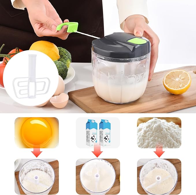 Manual Food Processor Vegetable Chopper, Portable Hand Pull String Garlic Mincer Onion Cutter for Veggies, Ginger, Fruits, Nuts, Herbs, etc., （900ml,Gray-green）