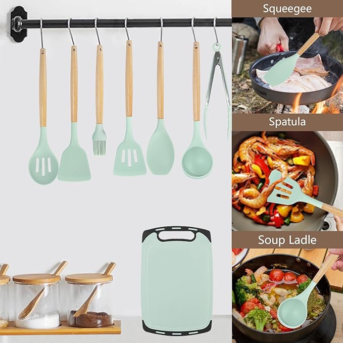 Cooking Utensils Set - 19 Piece Set with 11 Spatulas, 6 Sharp Knives, Silicone Utensils & Cutting Board (Green)