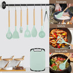 Cooking Utensils Set - 19 Piece Set with 11 Spatulas, 6 Sharp Knives, Silicone Utensils & Cutting Board (Green)