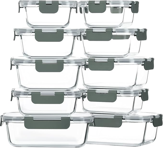 M MCIRCO 10-Pack Glass Food Storage Container with Lids, Airtight Glass Lunch Bento Boxes, Glass Meal Prep Container,Microwave, Oven, Freezer and Dishwasher Friendly