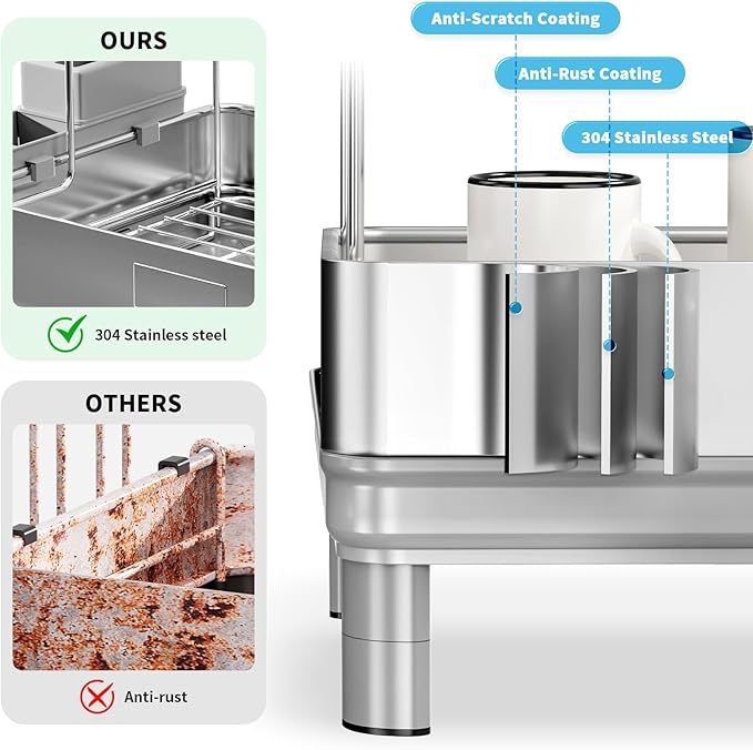Dish Drying Rack, 2 Tier Large Dish Rack, Stainless Steel Dish Drainer for Kitchen Counter, Dishes Rack with Automatic Drainage, Utensil Holder&Cups Holder,Space Saving Kitchen Organizer,Gray
