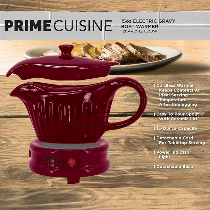 17oz Electric Gravy Boat Warmer, Ceramic Gravy Boat with Detachable Cord and Lid