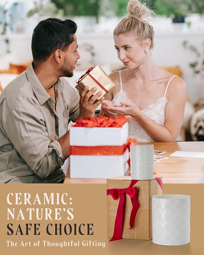 Kitchen Utensil Holder - 7.2"+5.4" Ceramic Utensil Holder for Countertop, Spatula Holder for Counter, Large Embossed Utensil Crock, Farmhouse Utensil Vase for Housewarming, Kitchen Decor, Set of 2